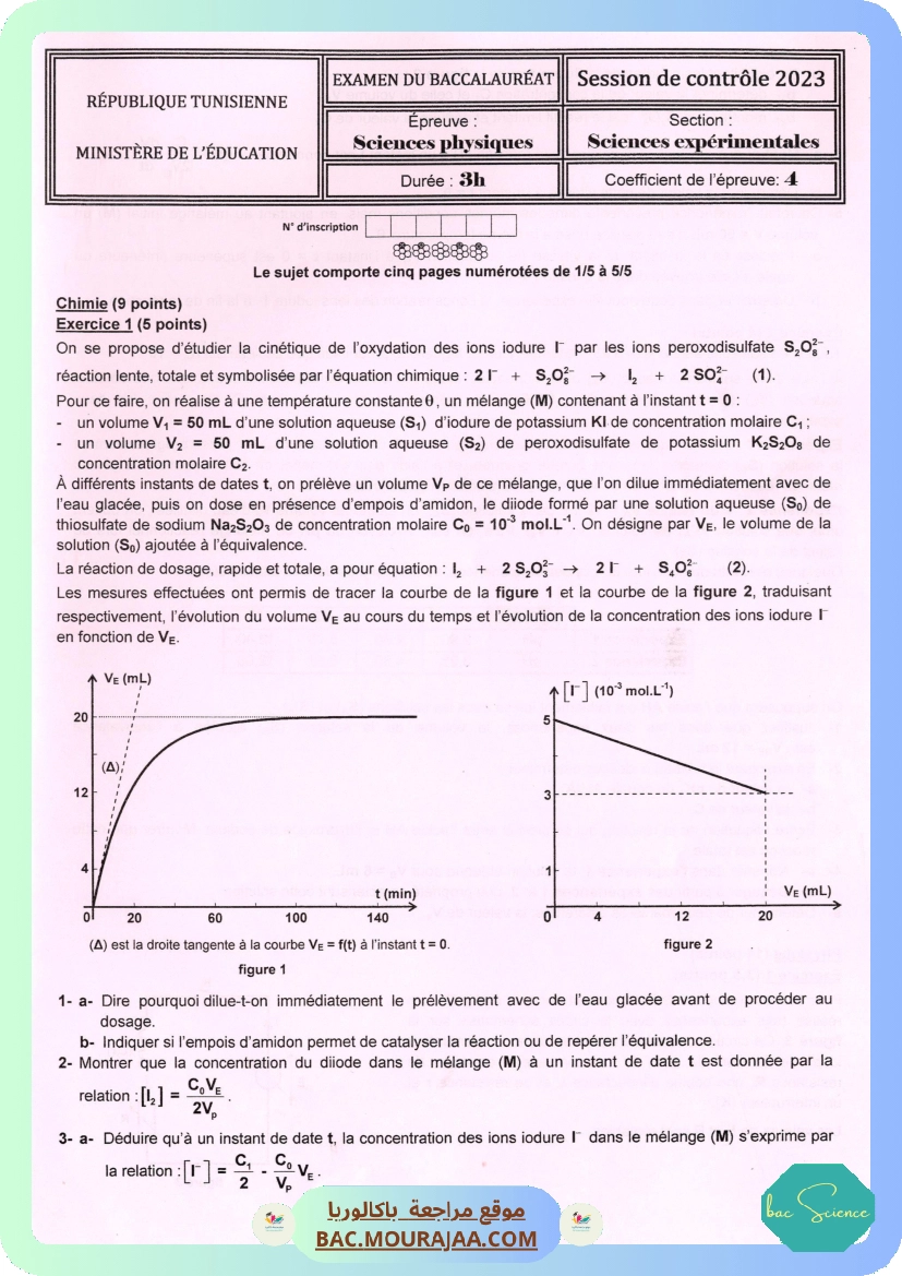 Sujet controle physique Bac 2023 – Section science